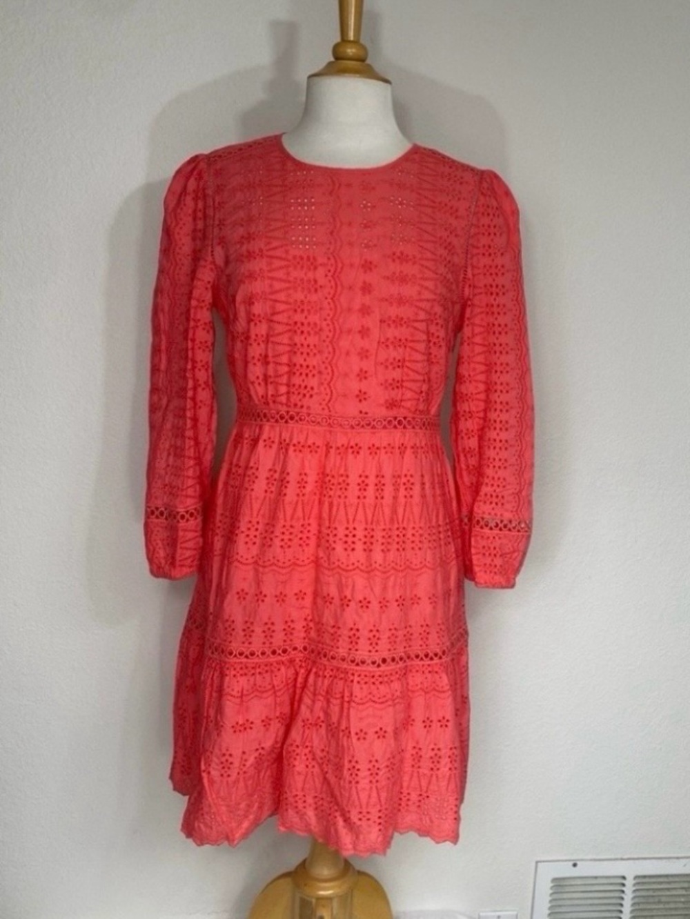 J. Crew Womens Coral Eyelet Tiered 3/4 Sleeve Cotton Mini Dress Size 4 Classic